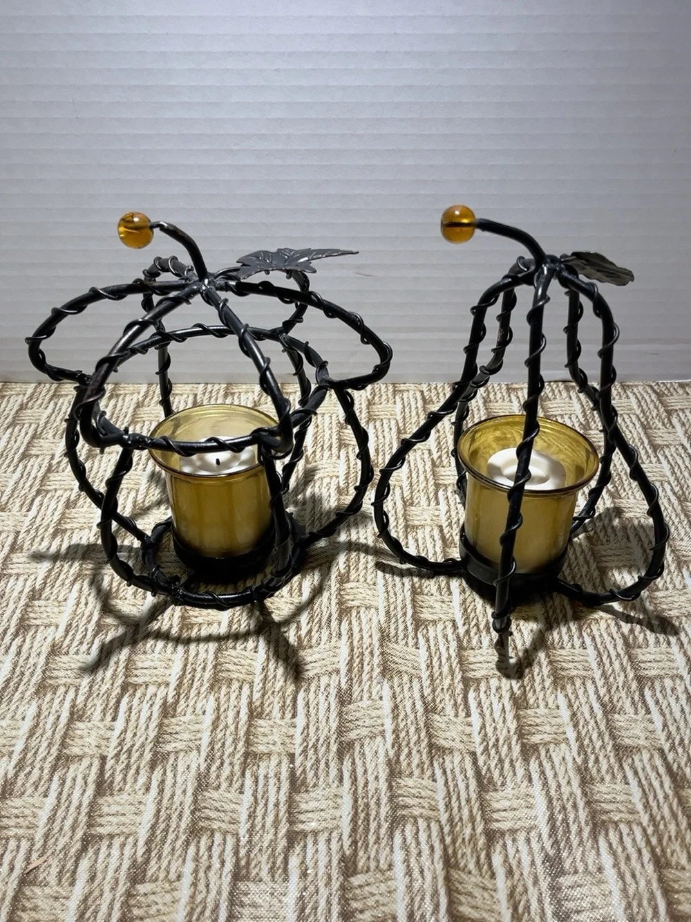 Set of 2 Metal Pumpkin Votive Candle Holders Amber Glass Fall Autumn Decor